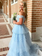Jara | Light Blue Off the Shoulder Tulle Prom Dress With Appliques by KissProm
