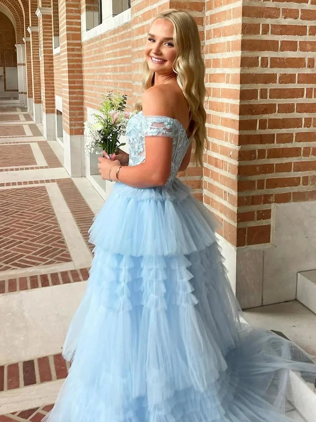 Jara | Light Blue Off the Shoulder Tulle Prom Dress With Appliques by KissProm