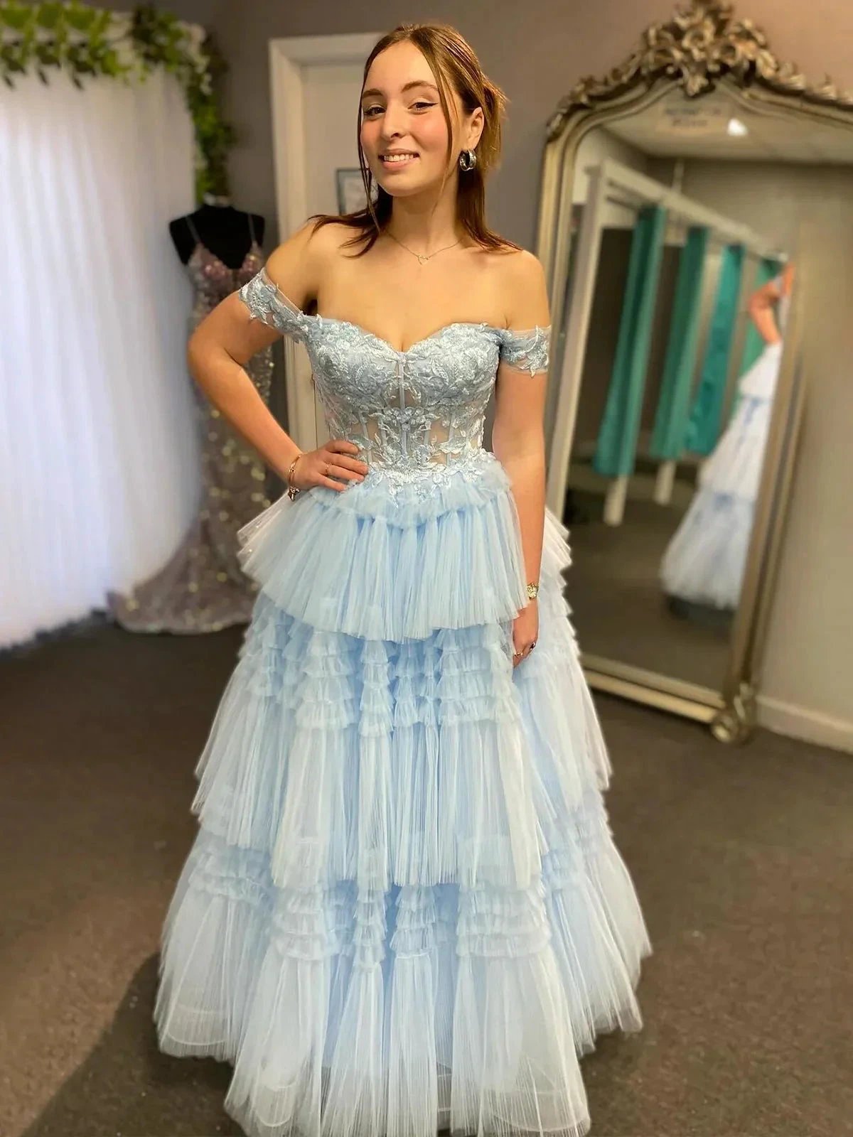 Jara | Light Blue Off the Shoulder Tulle Prom Dress With Appliques by KissProm