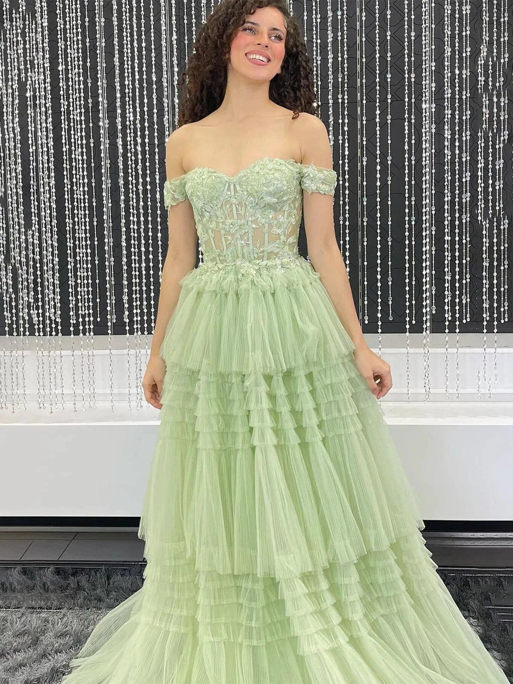 Jara | Light Blue Off the Shoulder Tulle Prom Dress With Appliques by KissProm