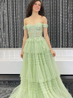 Jara | Light Blue Off the Shoulder Tulle Prom Dress With Appliques by KissProm