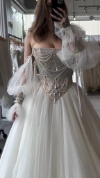White Draped Pearl Tulle Ball Gown Bridal Dress with Puff Sleeves SW663