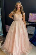 Jayla | Sparkly Blush Pink Off-the-Shoulder Surplice Long Prom Dress by KissProm