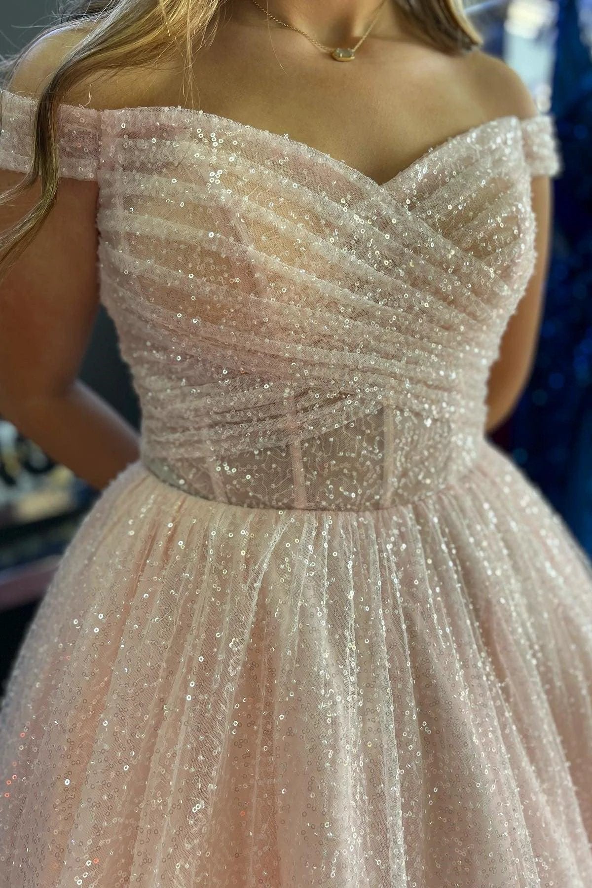 Jayla | Sparkly Blush Pink Off-the-Shoulder Surplice Long Prom Dress by KissProm