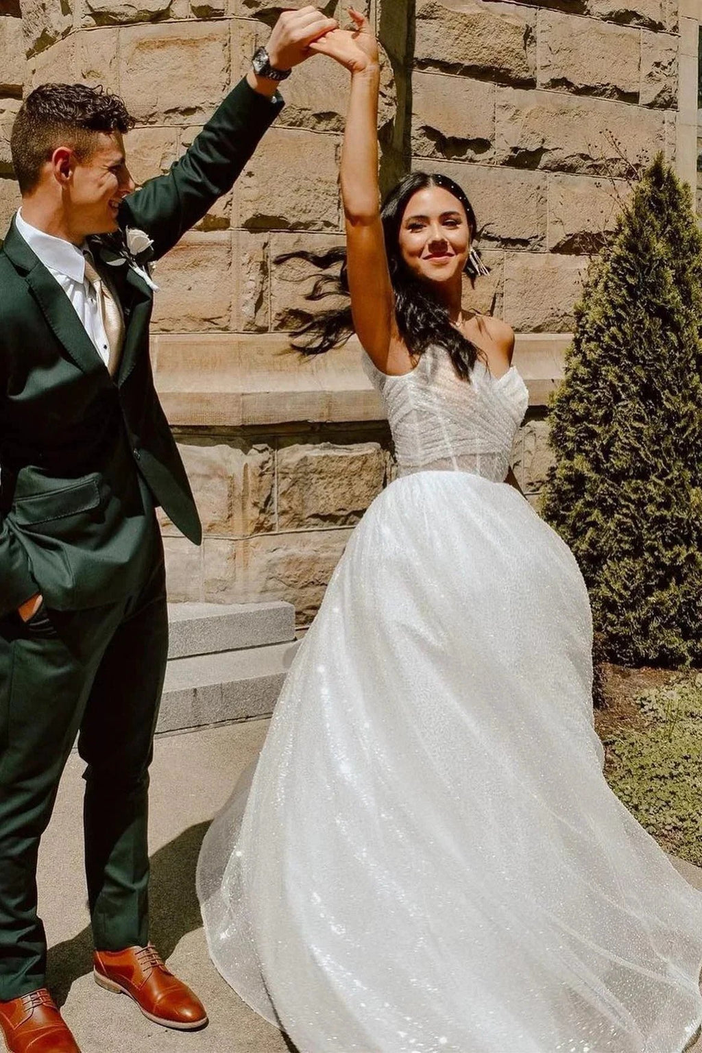 Jayla | Sparkly Blush Pink Off-the-Shoulder Surplice Long Prom Dress by KissProm