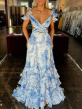 Jazzy | V Neck A-line Floral Printed Chiffon Slit Prom Dress by KissProm