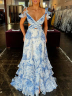 Jazzy | V Neck A-line Floral Printed Chiffon Slit Prom Dress by KissProm