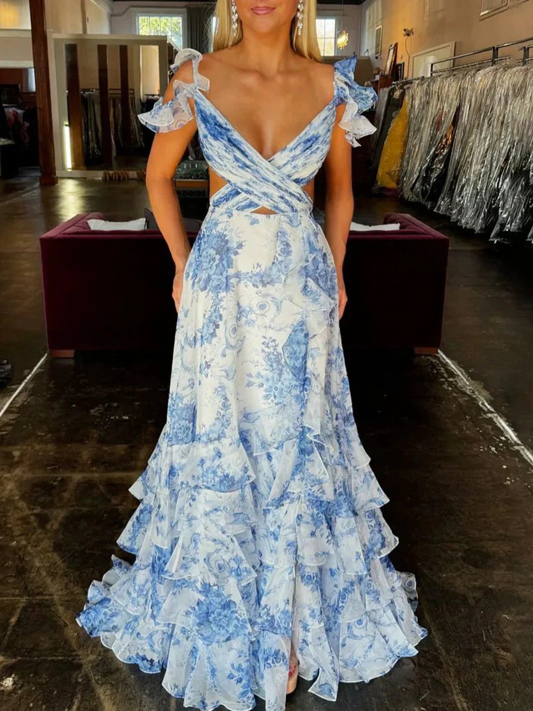 Jazzy | V Neck A-line Floral Printed Chiffon Slit Prom Dress by KissProm