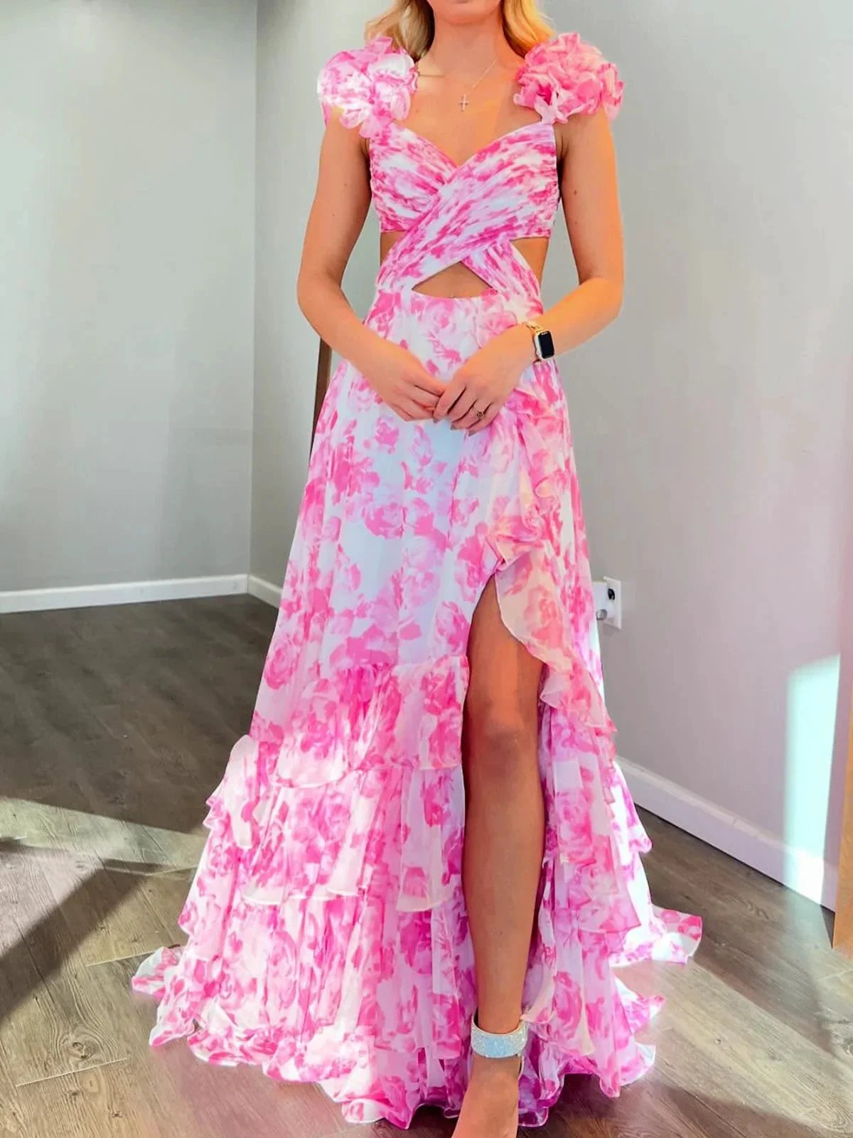 Jazzy | V Neck A-line Floral Printed Chiffon Slit Prom Dress by KissProm