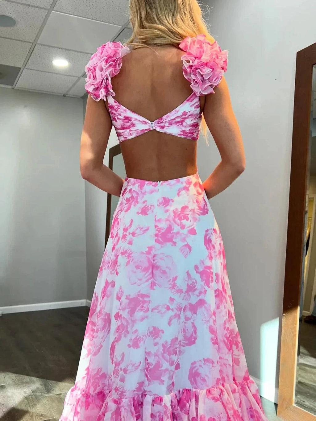 Jazzy | V Neck A-line Floral Printed Chiffon Slit Prom Dress by KissProm