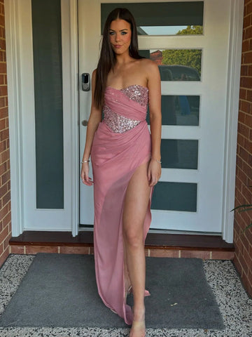 Jenna | Trägerloses Pailletten-Meerjungfrauen-Ballkleid mit Schlitz