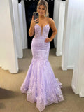 Jennon | Mermaid V Neck Lavender Lace Tulle Long Prom Dresses by KissProm