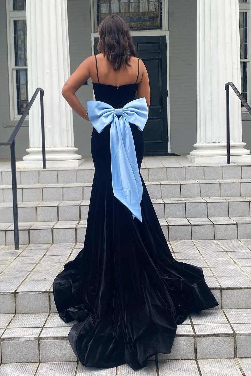 Jesai | Elegant Mermaid V-Neck Spaghetti Straps Velvet Formal Prom Dress with Bow by KissProm