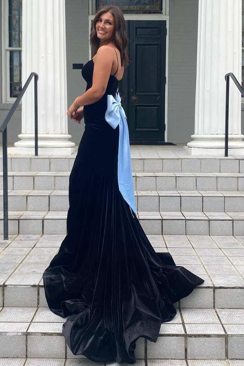 Jesai | Elegant Mermaid V-Neck Spaghetti Straps Velvet Formal Prom Dress with Bow by KissProm