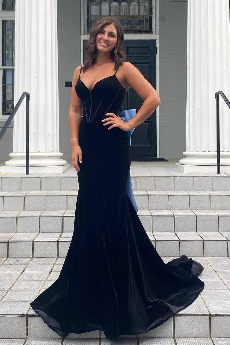 Jesai | Elegant Mermaid V-Neck Spaghetti Straps Velvet Formal Prom Dress with Bow by KissProm