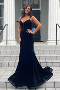 Jesai | Elegant Mermaid V-Neck Spaghetti Straps Velvet Formal Prom Dress with Bow by KissProm