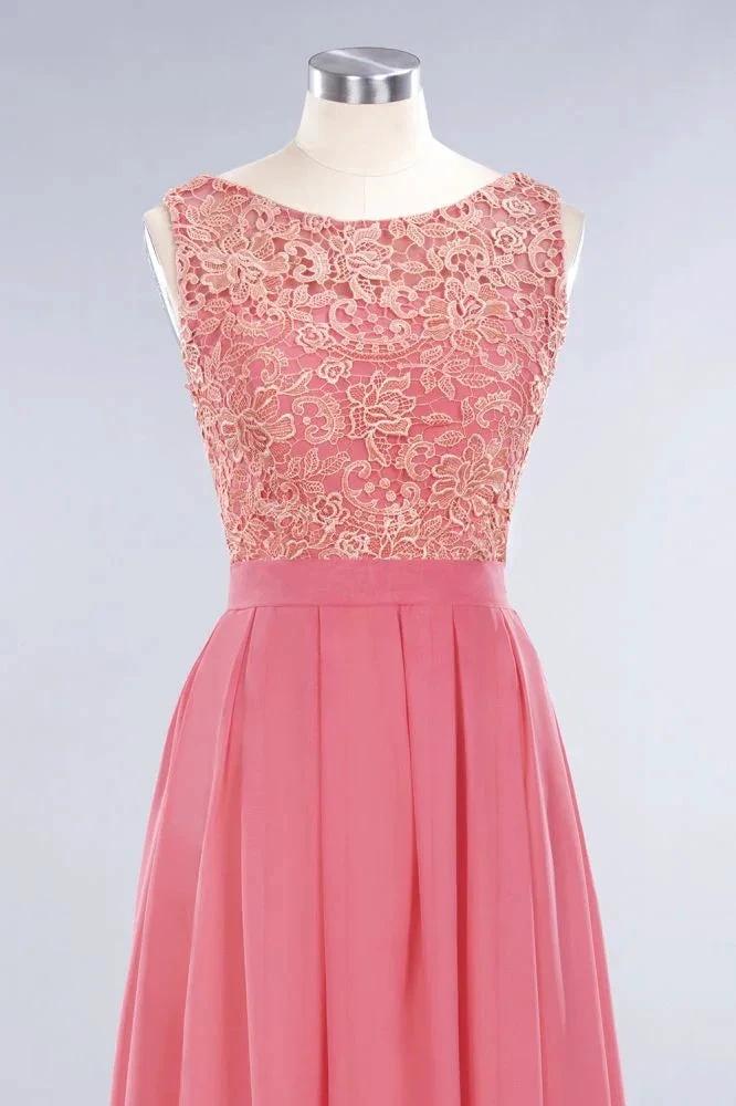 Jewel Ruffles Floral Lace Simple Prom Dresses | A-Line Sleeveless Coral Evening Dresses by misshow.com