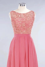 Jewel Ruffles Floral Lace Simple Prom Dresses | A-Line Sleeveless Coral Evening Dresses by misshow.com