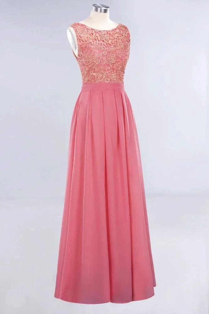 Jewel Ruffles Floral Lace Simple Prom Dresses | A-Line Sleeveless Coral Evening Dresses by misshow.com