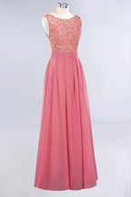Jewel Ruffles Floral Lace Simple Prom Dresses | A-Line Sleeveless Coral Evening Dresses by misshow.com