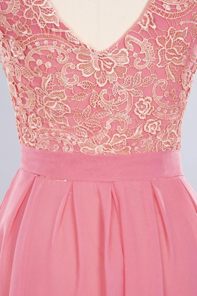 Jewel Ruffles Floral Lace Simple Prom Dresses | A-Line Sleeveless Coral Evening Dresses by misshow.com