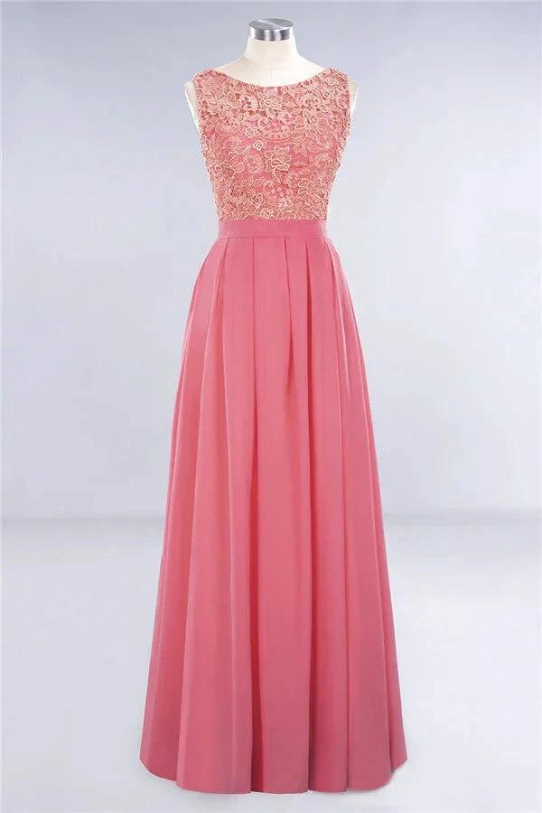 Jewel Ruffles Floral Lace Simple Prom Dresses | A-Line Sleeveless Coral Evening Dresses by misshow.com
