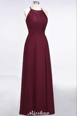 Vestido de dama de honor largo hasta el suelo, sin mangas, con volantes y corte espagueti.