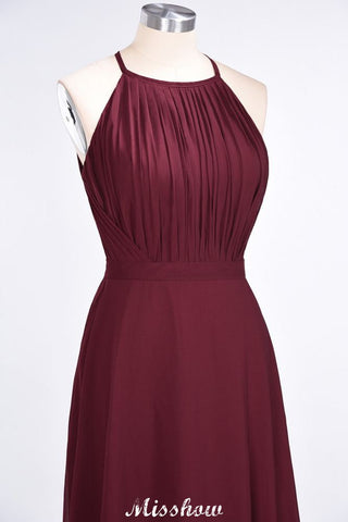 Vestido de dama de honor largo hasta el suelo, sin mangas, con volantes y corte espagueti.