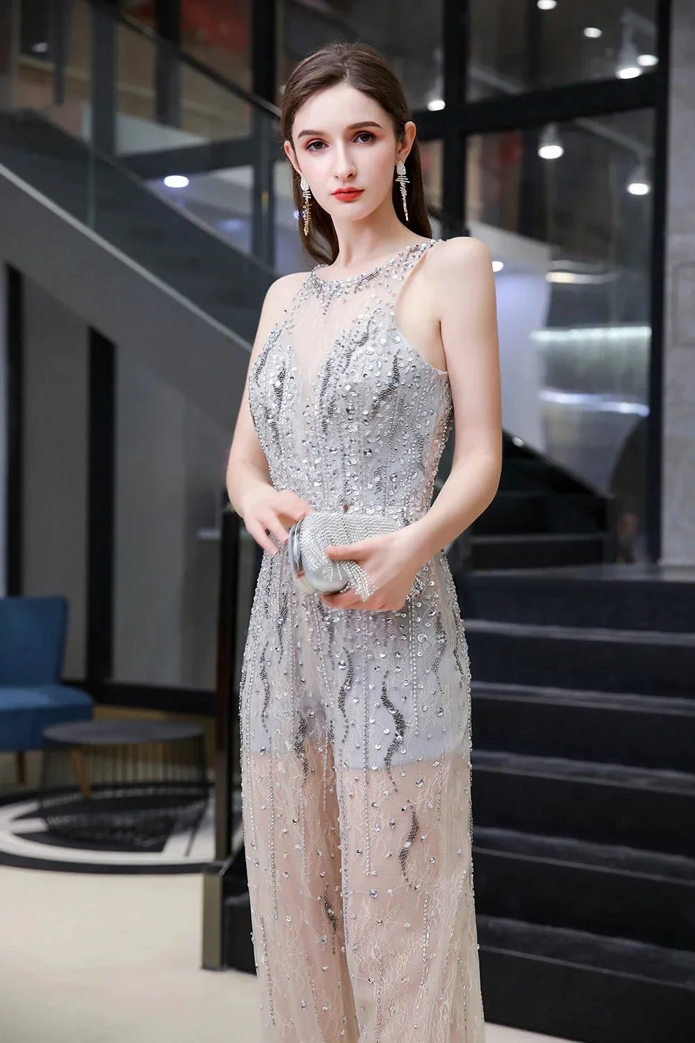 Jewel Sleeveless Tulle Evening Jumpsuit with Sequins by BIZTUNNEL