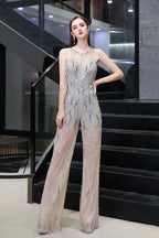 Jewel Sleeveless Tulle Evening Jumpsuit with Sequins by BIZTUNNEL
