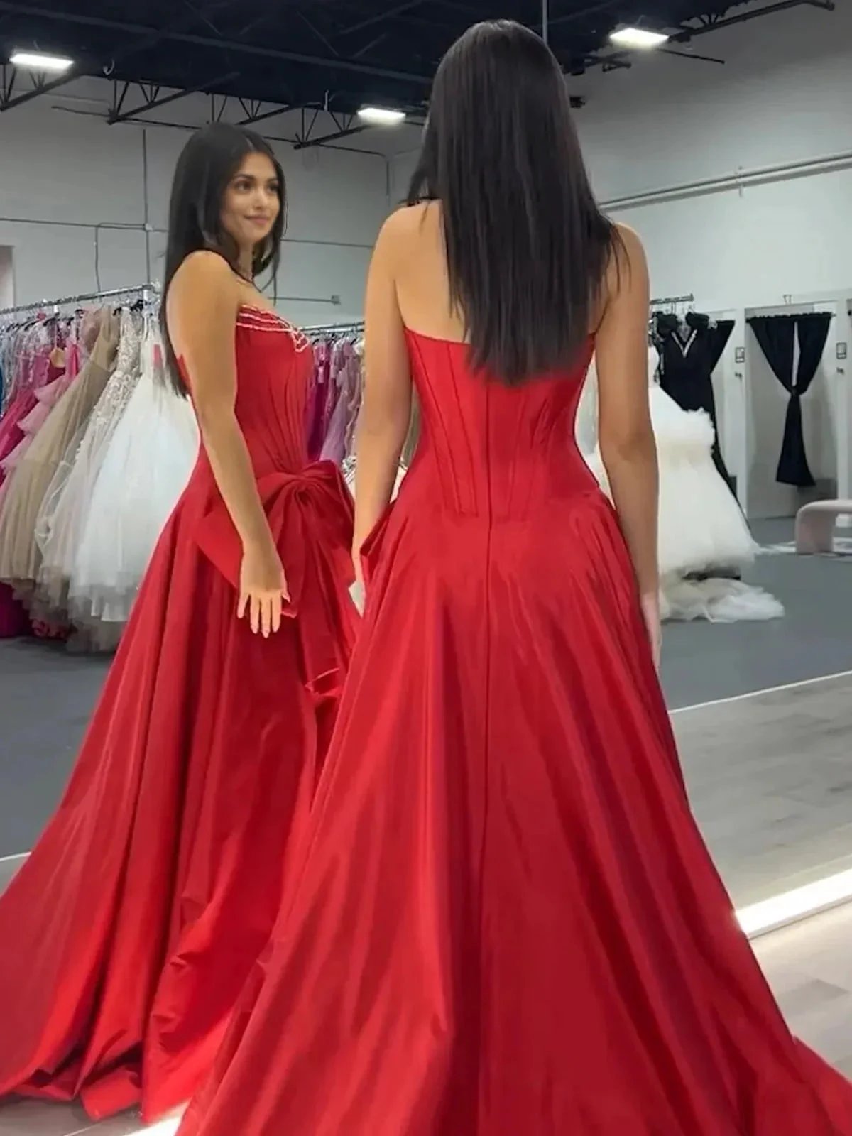 Jhenee | Trendy Red Strapless A-Line Satin Long Corset Prom Dress with Bow by KissProm
