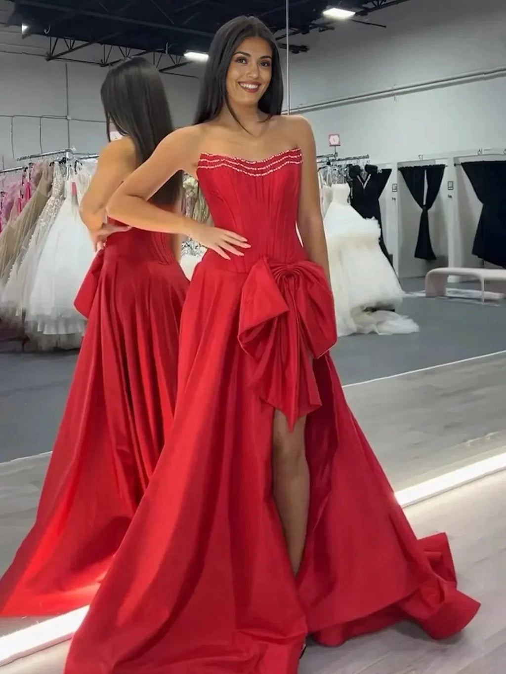 Jhenee | Trendy Red Strapless A-Line Satin Long Corset Prom Dress with Bow by KissProm