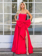 Jhenee | Trendy Red Strapless A-Line Satin Long Corset Prom Dress with Bow by KissProm