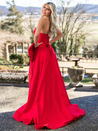 Jhenee | Trendy Red Strapless A-Line Satin Long Corset Prom Dress with Bow by KissProm