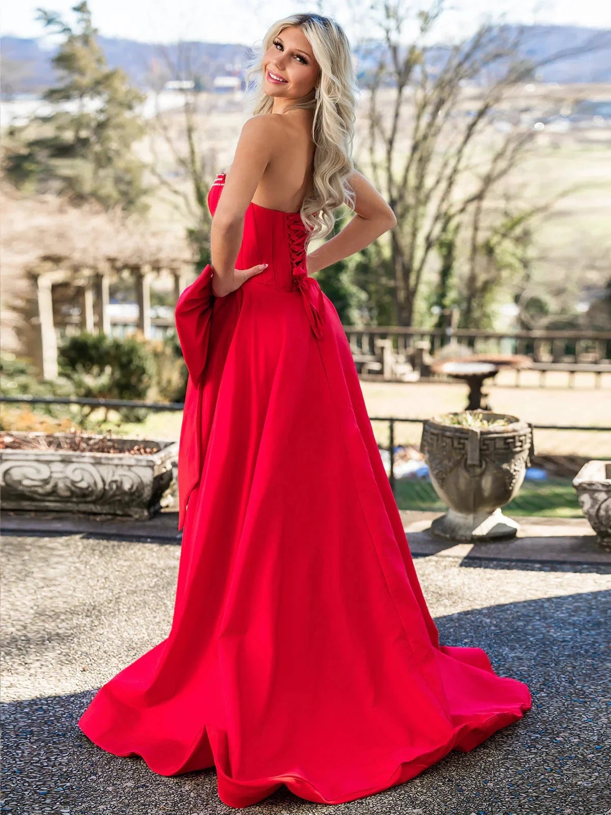 Jhenee | Trendy Red Strapless A-Line Satin Long Corset Prom Dress with Bow by KissProm