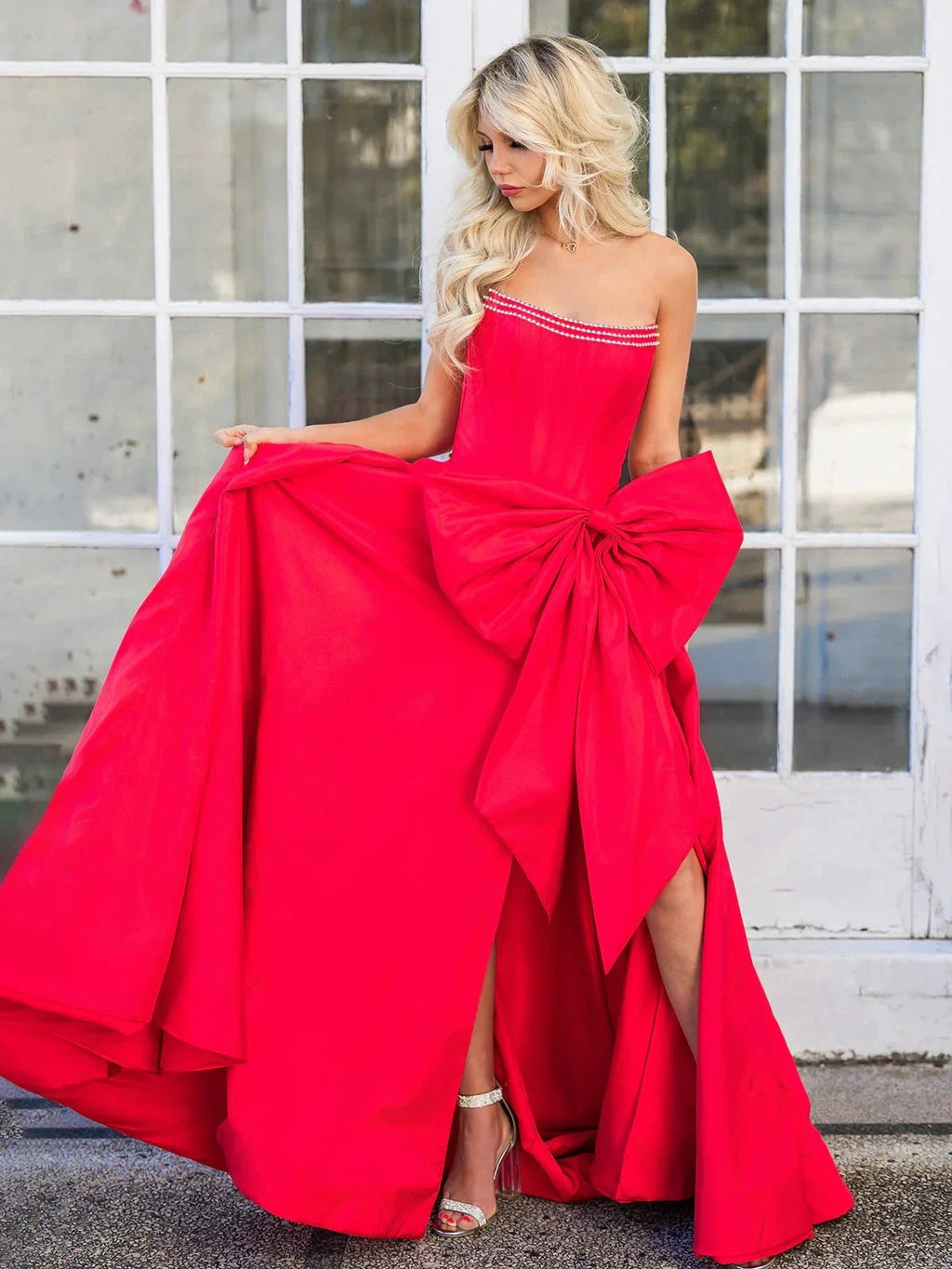 Jhenee | Trendy Red Strapless A-Line Satin Long Corset Prom Dress with Bow by KissProm