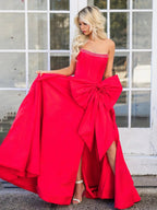 Jhenee | Trendy Red Strapless A-Line Satin Long Corset Prom Dress with Bow by KissProm