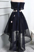 Unique A-Line High Low Off The Shoulder Lace Up Navy Blue Elegant Prom Dresses With Appliques by Ombreprom