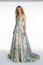 Mint Green Metallic Jacquard Square Neck Ball Gown by ZAPDRESS