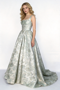 Mint Green Metallic Jacquard Square Neck Ball Gown by ZAPDRESS