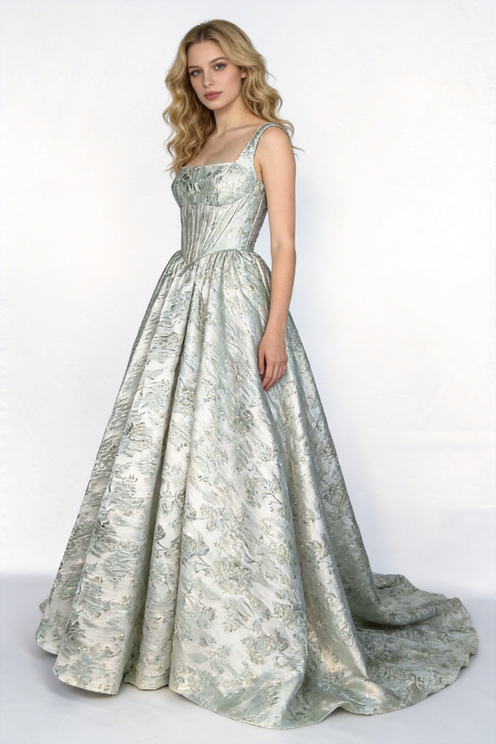 Mint Green Metallic Jacquard Square Neck Ball Gown by ZAPDRESS