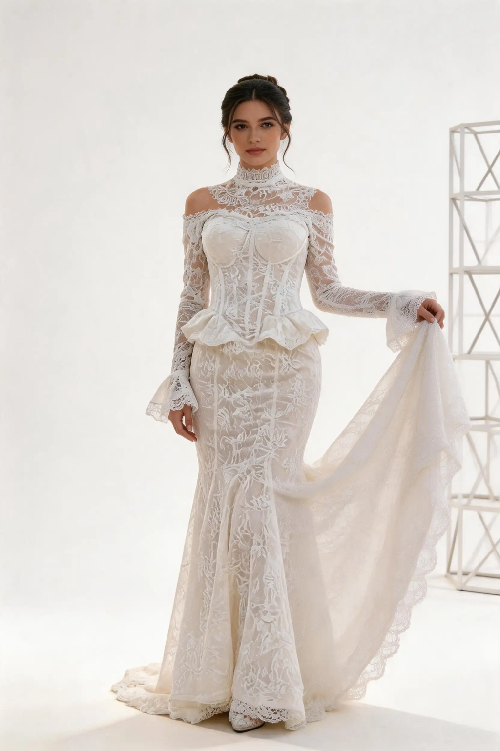 High-Neck Off-Shoulder Vintage Wedding Gown by simplepromdress