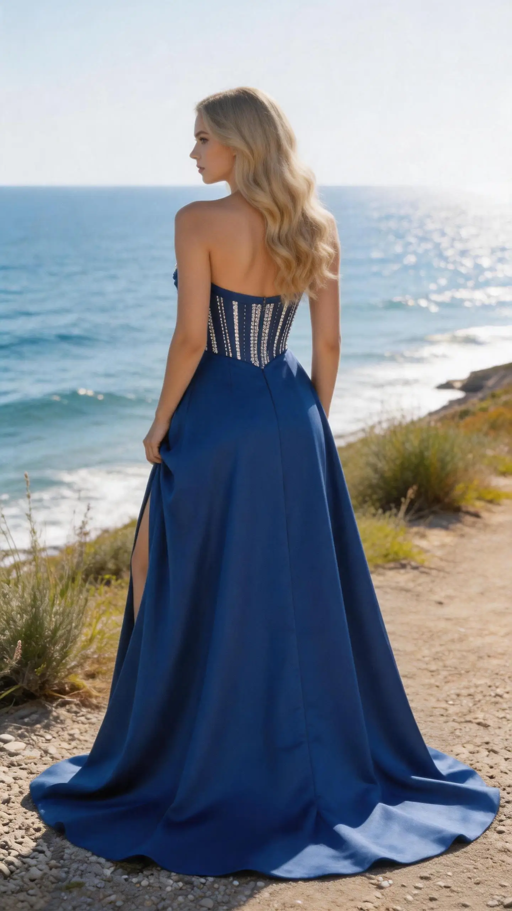 Royal Blue Strapless Corset Ball Gown - Crystal Embellished Prom Dress with Slit by ZAPDRESS