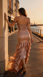 Blush Off-Shoulder Mermaid Tiered Satin Gown Corset Bodice Formal Evening Dress by ZAPDRESS