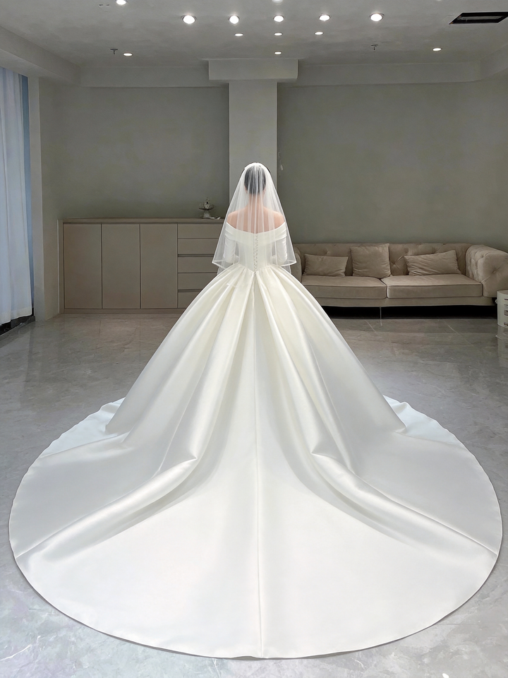 Impresionante vestido de novia de satén blanco con vuelo, vestido de novia blanco Y6887