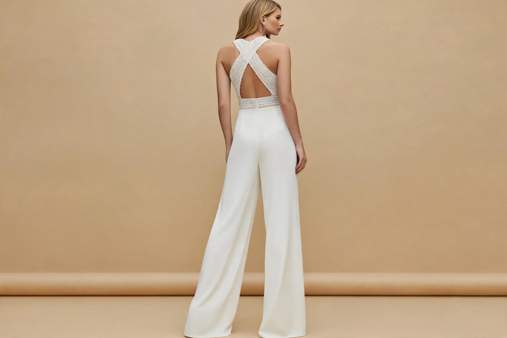 White Wedding Jumpsuit Beach Wedding Dresses O Neck Floor Length Boho Wedding Gowns Outfit Customize lace Robe De Soiree (ZD02307)