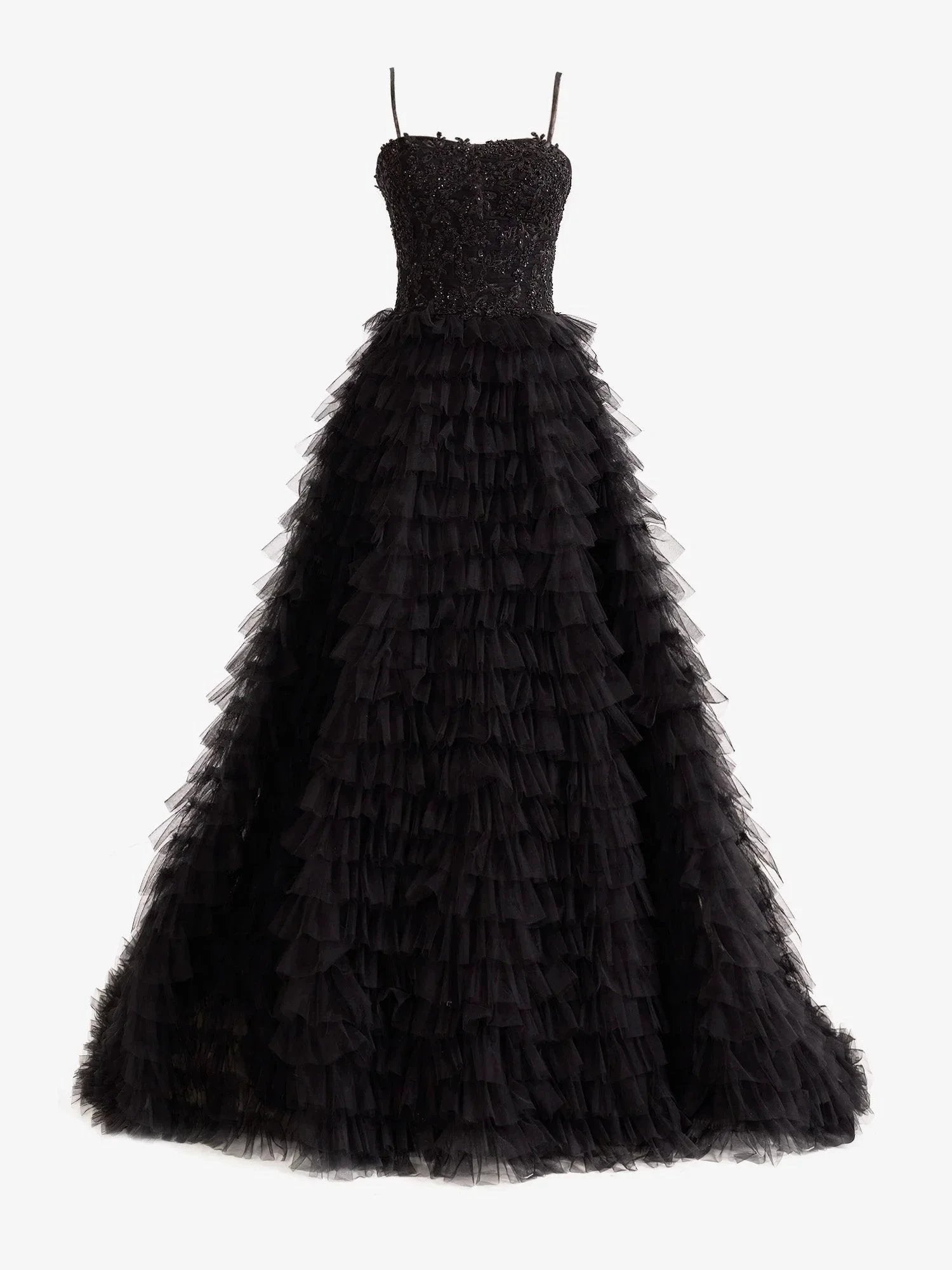 Jordan | Black A-Line Tiered Sequins Tulle Long Prom Dress by KissProm