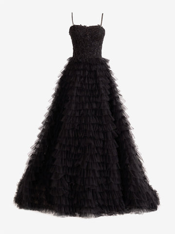 Jordan | Vestido de fiesta largo de tul con lentejuelas y corte en A