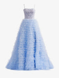 Jordan | Sky Blue A-Line Tiered Sequins Tulle Long Prom Dress by KissProm