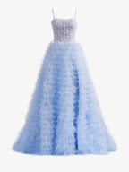 Jordan | Sky Blue A-Line Tiered Sequins Tulle Long Prom Dress by KissProm